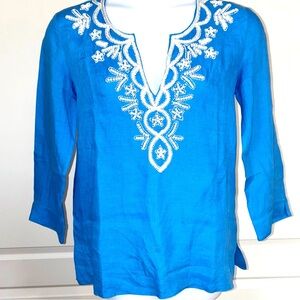 Lilly Pulitzer Amelia Island Blue Linen Tunic Medium Top Beaded Resort